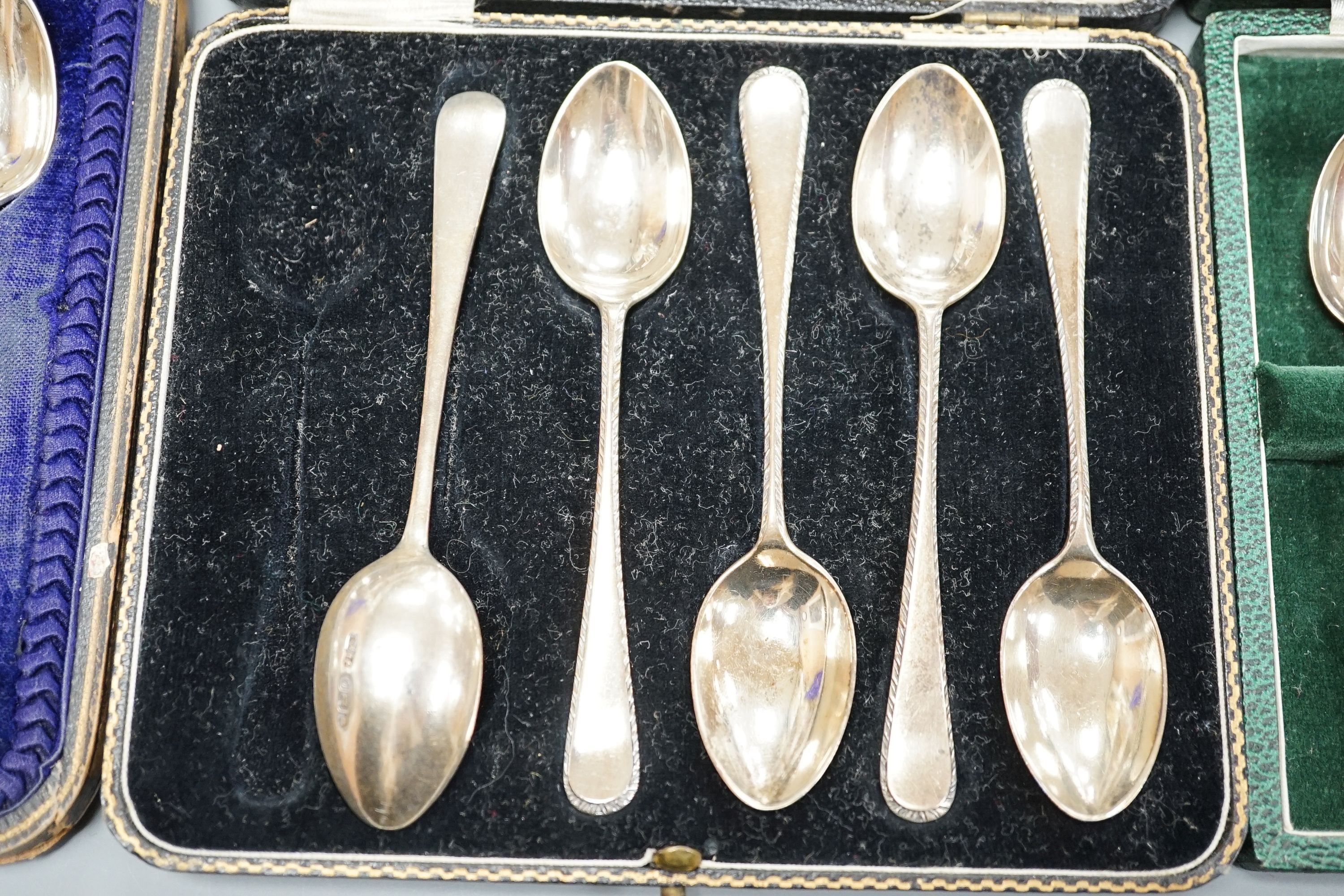 Seven assorted cased sets of English silver tea and coffee spoons, including a set of twelve silver gilt teaspoons, London, 1882 (one set incomplete).